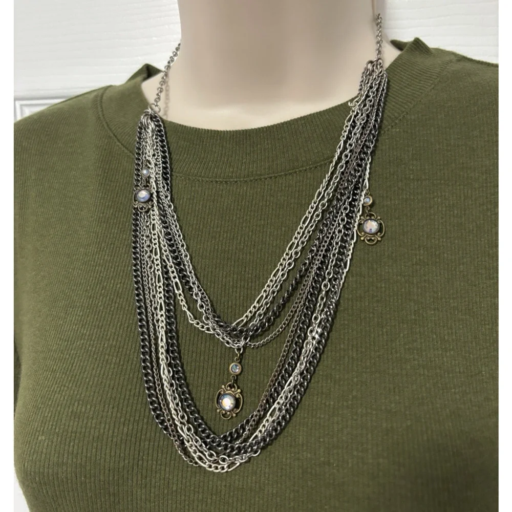 Multi Layered Silver Tone Chain Necklace Rhinestone Whimsigoth Fairy Goth Witchy